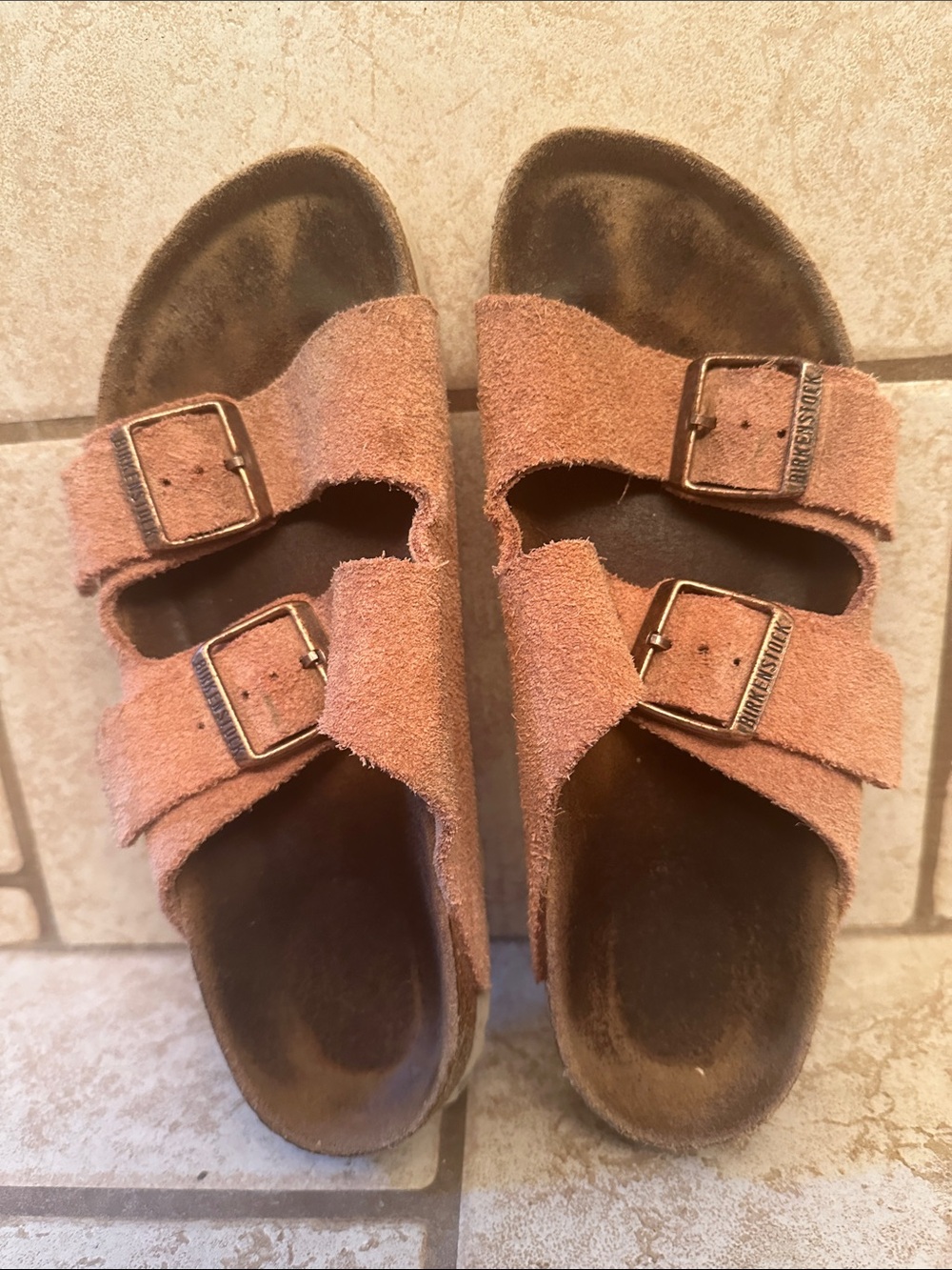 Birkenstock Double-Buckle Suede Slide Sandals in Dusty Pink